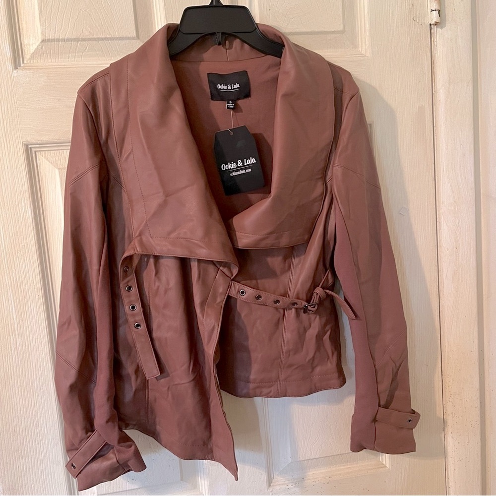 Ookie & Lala Drape Moto Faux Ponte Jacket Stylish Brown Luggage Color in Small.